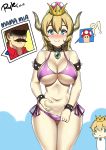  absurdres bare_shoulders bikini blonde_hair blue_eyes blush bowsette bracelet breasts cleavage collar crown dress earrings face_of_the_people_who_sank_all_their_money_into_the_fx highres horns jewelry large_breasts looking_at_viewer mario mario_(series) navel new_super_mario_bros._u_deluxe ponytail princess_peach ryle smile spiked_bracelet spiked_collar spikes super_crown super_mario_bros. swimsuit 