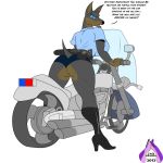  2012 angry anthro belt big_breasts boots breasts butt canine clothing demanding dialogue doberman dog female footwear gun handcuffs handgun looking_at_viewer looking_back mammal motorcycle oblivious pistol police_baton police_officer police_uniform ranged_weapon shackles side_boob solo text uniform vehicle weapon zp92 