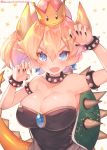  armpits bare_shoulders black_dress blonde_hair blue_eyes bowsette bracelet breasts cleavage collar commentary_request crown dress earrings fangs fingernails horns jewelry large_breasts long_fingernails mario_(series) nail_polish new_super_mario_bros._u_deluxe ponytail shell solo spiked_armlet spiked_bracelet spiked_collar spiked_tail spikes star starry_background strapless strapless_dress super_crown suzuho_hotaru tail thick_eyebrows twitter_username upper_body v-shaped_eyebrows 