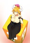  ?_block armlet bare_shoulders black_dress blonde_hair blue_eyes bowsette bracelet breasts cleavage collar commentary_request crown dress earrings fingernails full_body hand_on_own_chest highres horns jewelry large_breasts long_fingernails long_hair looking_at_viewer manno_(kanpi2100) mario_(series) new_super_mario_bros._u_deluxe ponytail sharp_teeth sitting solo spiked_bracelet spiked_collar spikes strapless strapless_dress super_crown teeth turtle_shell 