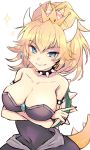  bare_shoulders blonde_hair blue_eyes bowsette bracelet breasts cleavage collar commentary_request crown dress earrings highres horns jewelry large_breasts looking_at_viewer mario_(series) new_super_mario_bros._u_deluxe ponytail rinyou sharp_teeth solo spiked_bracelet spiked_collar spikes super_crown teeth 