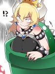  1girl armband bare_shoulders blush bowsette bracelet brooch collar comic commentary_request crown eyebrows hammer_(sunset_beach) horns jewelry long_hair mario_(series) nail_polish narrowed_eyes new_super_mario_bros._u_deluxe shell smile solo spiked_bracelet spiked_collar spikes stuck super_crown warp_pipe wavy_mouth 