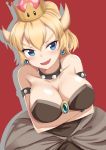  absurdres bare_shoulders blonde_hair blue_eyes bowsette bracelet breasts cleavage collar commentary_request crown dress earrings highres horns jewelry large_breasts looking_at_viewer mario_(series) new_super_mario_bros._u_deluxe ponytail qwyte sharp_teeth solo spiked_bracelet spiked_collar spikes super_crown teeth 