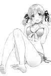  barefoot blush breasts bvucki36gzoeq1c collarbone eyebrows_visible_through_hair greyscale hair_ribbon highres idolmaster idolmaster_cinderella_girls looking_at_viewer medium_breasts monochrome navel open_mouth ribbon short_hair short_twintails sketch smile solo swimsuit totoki_airi twintails 