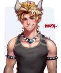  armlet blonde_hair blue_eyes bowsette collar commentary crown earrings genderswap genderswap_(ftm) grin horns jewelry looking_at_viewer lucha_cha male_focus mario_(series) new_super_mario_bros._u_deluxe nose pointy_ears smile solo spiked_collar spikes super_crown tank_top upper_body 