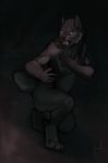  anthro black_fur black_nose breasts canine cheek_tuft chest_tuft claws crouching dark fangs female fur hand_on_chest howlitzer_(artist) mammal nipples nude simple_background snarling solo teal_eyes toe_claws tuft were werewolf wolf 