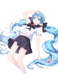  arm_up blue_eyes blue_hair bottle_miku fish hair_ribbon harupy hatsune_miku highres liquid_hair long_hair navel revision ribbon school_uniform serafuku simple_background skirt solo twintails very_long_hair vocaloid water white_background 