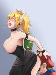  1girl bare_shoulders blonde_hair blush bowsette bracelet breasts cleavage collar commentary crown cunnilingus cunnilingus_through_clothes dress earrings hetero horns huieii jewelry large_breasts mario mario_(series) new_super_mario_bros._u_deluxe nipples oral ponytail saliva sharp_teeth shell sitting sitting_on_face sitting_on_person spiked_bracelet spiked_collar spikes super_crown super_mario_bros. teeth 