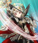  armor black_armor black_gloves cape closed_mouth commentary_request crown fire_emblem fire_emblem_heroes gloves grey_hair hair_ornament holding holding_staff kakiko210 long_hair long_sleeves red_eyes solo sparkle staff veronica_(fire_emblem) 