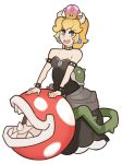  armlet bare_shoulders black_dress blonde_hair blue_eyes bowsette bracelet breasts collar crown dress eyebrows_visible_through_hair fang highres horns jewelry long_hair mario_(series) medium_breasts new_super_mario_bros._u_deluxe piranha_plant ponytail sharp_teeth simple_background solo spiked_armlet spiked_bracelet spiked_collar spikes splashbrush strapless strapless_dress super_crown teeth turtle_shell white_background 