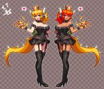  bare_shoulders black_dress blonde_hair bowsette bracelet breasts collar commentary_request crown dark_skin dress dual_persona garters jewelry large_breasts mario_(series) multiple_girls new_super_mario_bros._u_deluxe pixel_art red_hair sevenran spiked_bracelet spiked_collar spikes super_crown tail thighhighs 