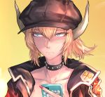  alternate_costume black_jacket blonde_hair blue_eyes blurry blurry_background blush borrowed_character bowsette brown_hat cellphone collar collarbone colored_eyelashes expressionless fingernails hair_between_eyes hat holding holding_cellphone holding_phone jacket kanjou_jouki looking_away mario_(series) nail_polish new_super_mario_bros._u_deluxe nose_blush phone ponytail red_nails short_hair sidelocks spiked_collar spikes sunset 