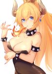  bare_shoulders blonde_hair blue_eyes bowsette bracelet breasts cleavage collar commentary_request crown dress earrings fire horns jewelry large_breasts looking_at_viewer mario_(series) new_super_mario_bros._u_deluxe ponytail ramuda_(guilty931) sharp_teeth solo spiked_bracelet spiked_collar spikes super_crown teeth 