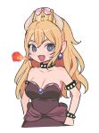  :3 :d armlet bare_arms bare_shoulders black_collar black_dress blonde_hair blue_earrings blue_eyes bowsette bracelet breasts breathing_fire cleavage collar cropped_torso crown dress earrings fire flame hands_on_hips highres horns jewelry long_hair looking_at_viewer mario_(series) medium_breasts new_super_mario_bros._u_deluxe nokanok open_mouth pointy_ears ponytail sharp_teeth simple_background smile solo spiked_armlet spiked_bracelet spiked_collar spikes strapless strapless_dress super_crown teeth thick_eyebrows upper_body white_background white_pupils 
