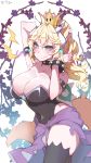  armlet bare_shoulders black_dress blonde_hair blue_eyes bowsette bracelet breasts cleavage collar commentary_request crown dress highres horns jewelry kanola_u large_breasts long_hair looking_at_viewer mario_(series) new_super_mario_bros._u_deluxe ponytail sharp_teeth smile solo spiked_bracelet spiked_collar spikes strapless strapless_dress super_crown symbol-shaped_pupils tail teeth turtle_shell 