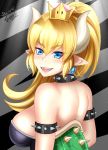  :d absurdres artist_name bare_shoulders blacksaikou blonde_hair blue_eyes bowsette breasts collar commentary crown dress earrings english_commentary eyebrows_visible_through_hair eyes_visible_through_hair from_behind glint hair_between_eyes highres horns jewelry large_breasts long_hair looking_at_viewer looking_back mario_(series) mole mole_under_eye new_super_mario_bros._u_deluxe open_mouth pointy_ears ponytail sharp_teeth smile solo spiked_armlet spiked_collar spiked_shell spikes strapless strapless_dress super_crown teeth turtle_shell v-shaped_eyebrows 