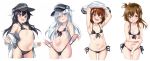 :d absurdres akatsuki_(kantai_collection) alternate_costume anchor_symbol arched_back armpits arms_up ass_visible_through_thighs bare_arms bare_shoulders belly bikini bikini_pull black_bikini blue_eyes blush breasts brown_eyes brown_hair cleavage clothes_down collarbone come_hither commentary covered_nipples cowboy_shot cropped_legs ebifurya eyebrows_visible_through_hair eyes_visible_through_hair flat_cap flat_chest front-tie_top hair_between_eyes hair_ornament hairclip hat head_tilt hibiki_(kantai_collection) highres ikazuchi_(kantai_collection) inazuma_(kantai_collection) kantai_collection long_hair looking_at_viewer messy_hair micro_bikini multiple_girls navel one_eye_closed open_mouth purple_eyes purple_hair revealing_clothes shiny shiny_skin side-tie_bikini silver_hair simple_background small_breasts smile swimsuit thighs undressing white_background 