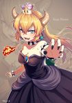  bare_shoulders black_dress black_nails blonde_hair blue_eyes bowsette bracelet breasts brown_background character_name cleavage collar collarbone commentary_request crown dress earrings fal fangs fire horns jewelry long_hair looking_at_viewer mario_(series) medium_breasts nail_polish new_super_mario_bros._u_deluxe open_mouth pointy_ears smile solo spiked_bracelet spiked_collar spikes super_crown teeth twitter_username zoom_layer 