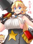 armlet bangs black_collar blonde_hair blue_eyes bowsette breasts brooch chain collar commentary_request crown d: earrings eyebrows_visible_through_hair fang forked_eyebrows gold_trim grey_skirt grin hair_between_eyes hammer hand_on_hip high-waist_skirt holding holding_hammer horns huge_breasts jewelry looking_at_viewer mario_(series) multiple_girls new_super_mario_bros._u_deluxe open_mouth over_shoulder ribbed_shirt ringed_eyes sharp_teeth shirt sideboob simple_background skirt smile smithy solid_circle_eyes solo_focus spiked_collar spikes star super_crown super_mario_bros. super_mario_rpg teeth thick_eyebrows translated wasanbon_(atwazooka) white_background white_shirt 