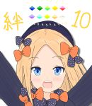  :d \o/ abigail_williams_(fate/grand_order) absurdres arms_up atsumisu bangs black_bow black_dress black_hat blonde_hair blue_eyes blush bow commentary_request dress eyebrows_visible_through_hair fate/grand_order fate_(series) forehead gameplay_mechanics hair_bow hat highres long_hair long_sleeves open_mouth orange_bow outstretched_arms parted_bangs polka_dot polka_dot_bow simple_background smile solo translation_request upper_teeth white_background 