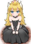  absurdres armlet bangs bare_shoulders black_dress blonde_hair blue_eyes blush bowsette bracelet brick_floor catstudioinc_(punepuni) clenched_teeth clothes_grab collar collarbone commentary crown dress earrings english_commentary eyebrows_visible_through_hair fangs flat_chest gem grey_sash highres horns jewelry long_dress long_hair looking_at_viewer mario_(series) motion_lines new_super_mario_bros._u_deluxe parted_bangs pointy_ears sapphire_(stone) sash scowl short_pointy_ears simple_background solo spiked_armlet spiked_bracelet spiked_collar spikes strapless strapless_dress super_crown tears teeth trembling v-shaped_eyebrows v_arms white_background younger 