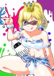  ;) armlet bangs bare_shoulders bikini blonde_hair blooper blue_eyes bracelet breasts closed_mouth collarbone commentary_request crown dual_persona earrings eyebrows_visible_through_hair horizontal_pupils jewelry kumarno looking_at_viewer mario_(series) medium_breasts navel new_super_mario_bros._u_deluxe one_eye_closed paint_splatter pointy_ears ponytail short_hair smile solo squid suction_cups super_crown super_mario_bros. swimsuit tentacle_hair thighs tongue tongue_out white_bikini 