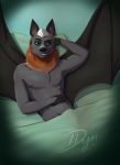  anthro bat bed_sheet bedding bedroom black_fur chandler claws cute_fangs duskdragyn fur green_eyes grey_hair grin hair hand_behind_head hand_on_stomach looking_at_viewer lying male mammal mane multicolored_hair naughty_face nipples nude on_back orange_fur pillow signature smile smirk solo spread_wings teeth white_hair wings 