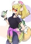  backpack bag black_shirt blonde_hair blue_eyes bowsette bracelet breasts bubble_tea casual clothes_around_waist collar commentary contemporary crown cup denim disposable_cup english_commentary fang fang_out gradient_clothes hand_on_hip holding holding_cup horns jeans jewelry looking_at_viewer mario_(series) new_super_mario_bros._u_deluxe paavuchi pants ponytail shirt simple_background solo spiked_bracelet spiked_collar spikes sunglasses super_crown sweater_around_waist t-shirt tail 