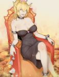  background_base bangs bare_shoulders black_collar black_dress black_nails blonde_hair blue_eyes bowsette bracelet breasts cleavage collar collarbone crossed_legs crown dress feet_out_of_frame grin half-closed_eyes highres horns jewelry large_breasts lipstick long_hair looking_at_viewer makeup mario_(series) materclaws molten_rock nail_polish new_super_mario_bros._u_deluxe parted_bangs ponytail realistic red_lipstick sagging_breasts sitting skindentation smile solo source_request spiked_bracelet spiked_collar spikes strapless strapless_dress super_crown throne turtle_shell wide_hips yellow_horns 