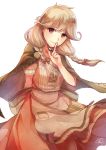  blonde_hair braid brown_eyes cape commentary_request dress effie_(fire_emblem) fire_emblem fire_emblem_echoes:_mou_hitori_no_eiyuuou gloves highres index_finger_raised jewelry long_hair smile solo twin_braids yukimiyuki 
