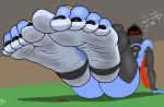  2015 5_toes abriika big_feet big_thighs black_nails blue_skin breasts cloak clothed clothing colored_nails dialogue feet female foot_focus humanoid legwear not_furry ring simple_background skimpy socks soles solo stirrup_socks text toe_ring toe_rings toes veil wrinkles zp92 