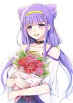  :d bangs black_choker blunt_bangs bouquet choker collarbone commentary double_bun eyebrows_visible_through_hair flower hairband holding holding_bouquet hugtto!_precure long_hair looking_at_viewer low_twintails open_mouth precure purple_eyes purple_hair ruru_amour simple_background smile solo tokeshi twintails white_background yellow_hairband 