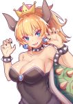  bare_shoulders black_dress black_nails blonde_hair blue_eyes blush bowsette bracelet breasts choker claw_pose cleavage collarbone commentary_request crown dress earrings eyebrows_visible_through_hair highres horns jewelry large_breasts looking_at_viewer mario_(series) nail_polish new_super_mario_bros._u_deluxe parted_lips short_hair short_ponytail smile solo super_crown zeolch 