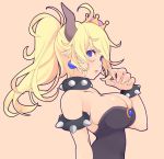  45_(diagonal45angle) armlet bare_shoulders black_dress blonde_hair blue_eyes bowsette bracelet breasts bursting_breasts collar commentary crown dress earrings fingernails horns jewelry large_breasts long_fingernails long_hair looking_at_viewer mario_(series) new_super_mario_bros._u_deluxe orange_background pointy_ears ponytail simple_background solo spiked_armlet spiked_bracelet spiked_collar spikes strapless strapless_dress super_crown upper_body 