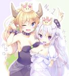  ;d arms_up bangs black_dress blonde_hair blue_eyes bowsette breasts cleavage commentary_request crown dress earrings elbow_gloves eyebrows_visible_through_hair fangs fingernails frilled_dress frilled_gloves frills gloves hair_between_eyes heart horns indoors jewelry kinokomushi long_hair luigi's_mansion mario_(series) medium_breasts mini_crown multiple_girls new_super_mario_bros._u_deluxe one_eye_closed open_mouth pointy_ears ponytail princess_king_boo puffy_short_sleeves puffy_sleeves purple_eyes sharp_fingernails sharp_teeth short_sleeves silver_hair smile spiked_shell strapless strapless_dress super_crown teeth tongue tongue_out translated turtle_shell very_long_hair white_dress white_gloves 