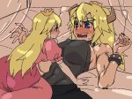  @_@ bed black_dress blonde_hair blush borrowed_design bowsette bracelet breasts collar commentary crown dress elbow_gloves eyebrows giantess gloves hair_between_eyes horns jewelry large_breasts long_hair looking_at_another lying mario_(series) multiple_girls muscle navel new_super_mario_bros._u_deluxe on_back open_mouth pillow ponytail princess_peach sharp_teeth size_difference smile spiked_bracelet spiked_collar spikes strapless strapless_dress super_crown super_mario_bros. sweat tama_two_(fukuya) teeth white_gloves yuri 