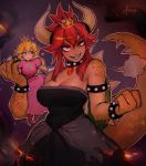  =3 alternate_color artist_name bare_shoulders black_dress black_nails blonde_hair blue_eyes bowsette bracelet breasts brooch burning_clothes carrying claws cleavage clenched_hand collar commentary crown dark_background dark_skin dress earrings embers english_commentary evil_smile eyebrows_visible_through_hair eyelashes eyes_visible_through_hair fangs fewer_digits fire giantess gloves glowing glowing_eyes grin hair_between_eyes hand_on_another's_shoulder heart highres holding_hands horns jewelry large_breasts long_hair looking_at_another looking_at_viewer mario_(series) matilda_vin mini_crown monster_girl multiple_girls nail_polish new_super_mario_bros._u_deluxe pink_dress pink_outline ponytail princess_peach puffy_short_sleeves puffy_sleeves red_eyes red_hair scales sharp_teeth short_sleeves simple_background sitting sitting_on_arm size_difference smile spiked_armlet spiked_bracelet spiked_collar spiked_shell spiked_tail spikes strapless strapless_dress super_crown super_mario_bros. sweat tail tan teeth thick_eyebrows turtle_shell uneven_eyes upper_body v-shaped_eyebrows white_gloves yuri 
