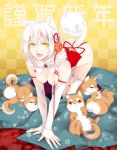  all_fours animal_ears ass breasts chinese_zodiac dog dog_ears dog_tail fangs hair_ornament hanging_breasts highres immature03 looking_at_viewer new_year nipples open_mouth original pet_play tail tongue tongue_out white_hair year_of_the_dog year_of_the_rooster yellow_eyes 