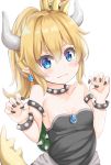  :3 absurdres bangs bare_shoulders black_dress black_nails blue_eyes blush bowsette bracelet breasts claw_pose cleavage closed_mouth collar crown dress earrings eyebrows_visible_through_hair fang fang_out fingernails hair_between_eyes hands_up head_tilt highres horns jewelry keiran_(ryo170) long_hair looking_at_viewer mario_(series) md5_mismatch mini_crown nail_polish new_super_mario_bros._u_deluxe pointy_ears ponytail revision simple_background small_breasts solo spiked_bracelet spiked_collar spiked_shell spiked_tail spikes strapless strapless_dress super_crown tail tail_raised turtle_shell white_background younger 