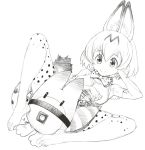  animal_ears bow bowtie breasts closed_mouth elbow_gloves eyebrows_visible_through_hair gloves greyscale hair_between_eyes high-waist_skirt hounyouin kemono_friends lucky_beast_(kemono_friends) lying medium_breasts monochrome on_back serval_(kemono_friends) serval_ears serval_print serval_tail shirt sketch skirt sleeveless sleeveless_shirt smile spread_legs tail thighhighs 