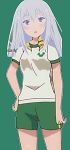  :o adult green_background gym_uniform hand_on_hip mature natsukawa_masuzu ore_no_kanojo_to_osananajimi_ga_shuraba_sugiru short_shorts shorts 