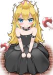  absurdres armlet bangs bare_shoulders black_dress blonde_hair blue_eyes blush bowsette bracelet brick_floor catstudioinc_(punepuni) clenched_teeth clothes_grab collar collarbone commentary crown dress earrings eyebrows_visible_through_hair fangs flat_chest gem grey_sash highres horns jewelry long_dress long_hair looking_at_viewer mario_(series) motion_lines mushroom new_super_mario_bros._u_deluxe parted_bangs pointy_ears sapphire_(stone) sash scowl sexually_suggestive short_pointy_ears simple_background solo spiked_armlet spiked_bracelet spiked_collar spikes strapless strapless_dress super_crown tears teeth trembling v-shaped_eyebrows v_arms veins white_background younger 