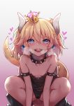  bare_shoulders black_dress black_panties blonde_hair blue_eyes borrowed_character bowsette breath collar commentary crown dress earrings eyebrows_visible_through_hair gradient gradient_background hair_between_eyes heart heart-shaped_pupils highres hika_(cross-angel) horns jewelry legs licking_lips looking_at_viewer mario_(series) naughty_face new_super_mario_bros._u_deluxe open_mouth panties pantyshot pov sharp_teeth shell short_hair squatting studded_bracelet studded_collar super_crown symbol-shaped_pupils tail teeth tongue tongue_out underwear younger 