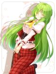  ^_^ aka_tawashi arm_belt ascot bangs belt blush breasts brown_footwear cane closed_eyes commentary_request corset eyebrows_visible_through_hair eyes_visible_through_hair feet_out_of_frame green_hair hair_between_eyes highres holding_cane juliet_sleeves kazami_yuuka kazami_yuuka_(pc-98) leg_up long_hair long_sleeves medium_breasts pants plaid plaid_pants plaid_vest puffy_sleeves red_pants red_vest shadow shirt shoes sidelocks smile solo standing standing_on_one_leg thighs touhou touhou_(pc-98) very_long_hair vest white_background white_shirt wing_collar yellow_neckwear 