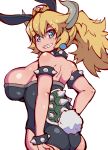  adapted_costume animal_ears armlet ass back bangs bare_shoulders black_leotard blonde_hair blue_eyes bowsette bracelet breasts bunny_ears bunny_tail bunnysuit check_commentary clenched_teeth collar commentary commentary_request cowboy_shot crown earrings eyebrows_visible_through_hair fake_animal_ears fake_tail from_side fukurou_(owl222) grin hair_between_eyes high_ponytail highres horns impossible_clothes impossible_leotard jewelry large_breasts leotard looking_at_viewer looking_back looking_to_the_side mario_(series) medium_hair new_super_mario_bros._u_deluxe ponytail sharp_teeth short_hair sideboob simple_background smile solo spiked_armlet spiked_bracelet spiked_collar spiked_shell spikes standing strapless strapless_leotard super_crown tail teeth turtle_shell v-shaped_eyebrows white_background 