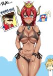  1boy 2girls absurdres alternate_color armlet ass_visible_through_thighs bangs bare_shoulders belly belly_grab bikini bikini_pull black_bikini blonde_hair blue_eyes blush bowsette bracelet breasts chibi cleavage closed_mouth collar collarbone collared_shirt cowboy_shot crown dark_skin dress earrings embarrassed eyebrows_visible_through_hair face_of_the_people_who_sank_all_their_money_into_the_fx faceless faceless_male facial_hair gem groin halter_top halterneck high_ponytail highres hips horns italian jewelry large_breasts legs_together light_smile looking_at_viewer mario mario_(series) micro_bikini multiple_girls mushroom mustache navel new_super_mario_bros._u_deluxe nose_blush parted_bangs ponytail princess_peach pulled_by_self red_hair red_shirt ruby_(stone) ryle sapphire_(stone) shaded_face shiny shiny_skin shirt sideboob signature simple_background skindentation slender_waist smile speech_bubble spiked_armlet spiked_bracelet spiked_collar spikes spoken_mushroom standing super_crown super_mario_bros. swimsuit thigh_gap thighs underboob weight_conscious white_background white_dress wide_hips 