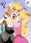  ? black_dress black_nails blonde_hair blush borrowed_design bowsette bracelet breasts claw_pose cleavage collar collarbone commentary_request crown dress earrings elbow_gloves eyebrows_visible_through_hair gem gloves hand_on_another's_cheek hand_on_another's_face heart horns jewelry large_breasts looking_at_another looking_up mario_(series) multiple_girls nail_polish new_super_mario_bros._u_deluxe niina_ryou pink_dress princess_peach puffy_short_sleeves puffy_sleeves sharp_teeth shell short_sleeves spiked_bracelet spiked_collar spiked_shell spikes strapless strapless_dress super_crown super_mario_bros. teeth white_gloves yuri 