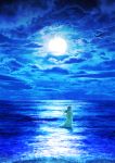  blue blue_sky cloud cloudy_sky commentary_request dress floating_hair full_moon highres horizon kun52 long_dress long_hair moon night night_sky ocean original scenery see-through_silhouette sky solo standing tsukimi wading waves 