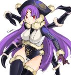  bangs black_legwear breasts brown_gloves extra_arms extra_eyes fur_trim gloves hat highleg highleg_leotard insect_girl large_breasts leotard long_hair long_sleeves looking_at_viewer monster_girl noir_(rance) parted_bangs parted_lips purple_hair rance_(series) red_eyes sengoku_rance simple_background solo spider_girl tetsu_(kimuchi) thigh_gap thighhighs white_background 