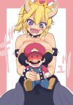  1girl black_dress blue_eyes blush borrowed_design bowsette bracelet breasts choker commentary_request cool-kyou_shinja crown dress facial_hair highres horns hug hug_from_behind jewelry large_breasts looking_at_another mario mario_(series) mini_crown mustache new_super_mario_bros._u_deluxe open_mouth pointy_ears sharp_teeth slit_pupils spiked_armlet spiked_bracelet spiked_choker spikes super_crown super_mario_bros. teeth 